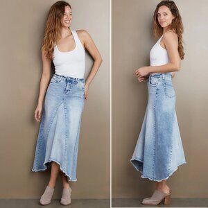 Wash Lab Selma Pieced Asymmetric Denim Maxi SKIRT Size 29 Surf Blue NEW $128